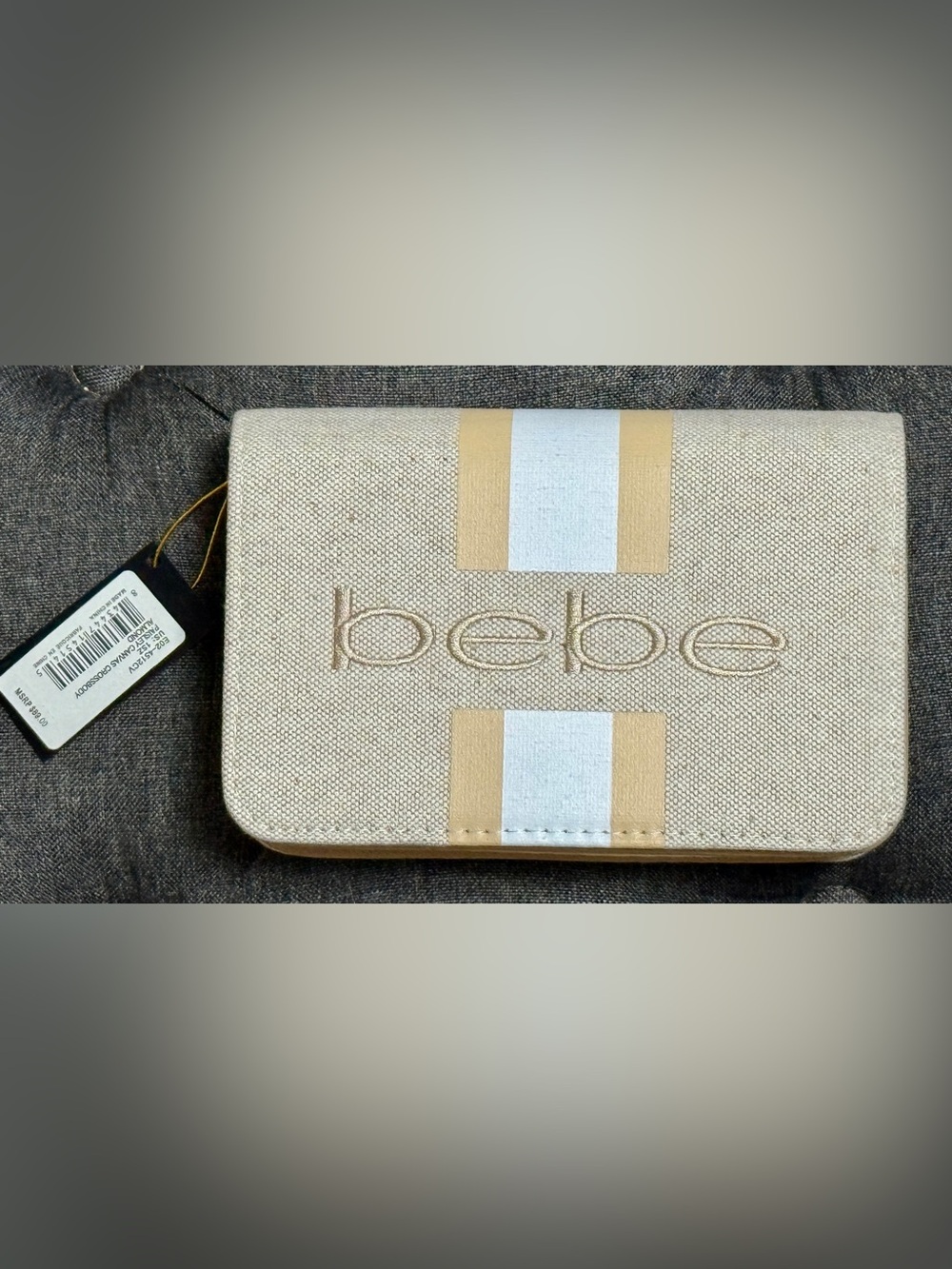 bebe Beige and White Canvas Crossbody
